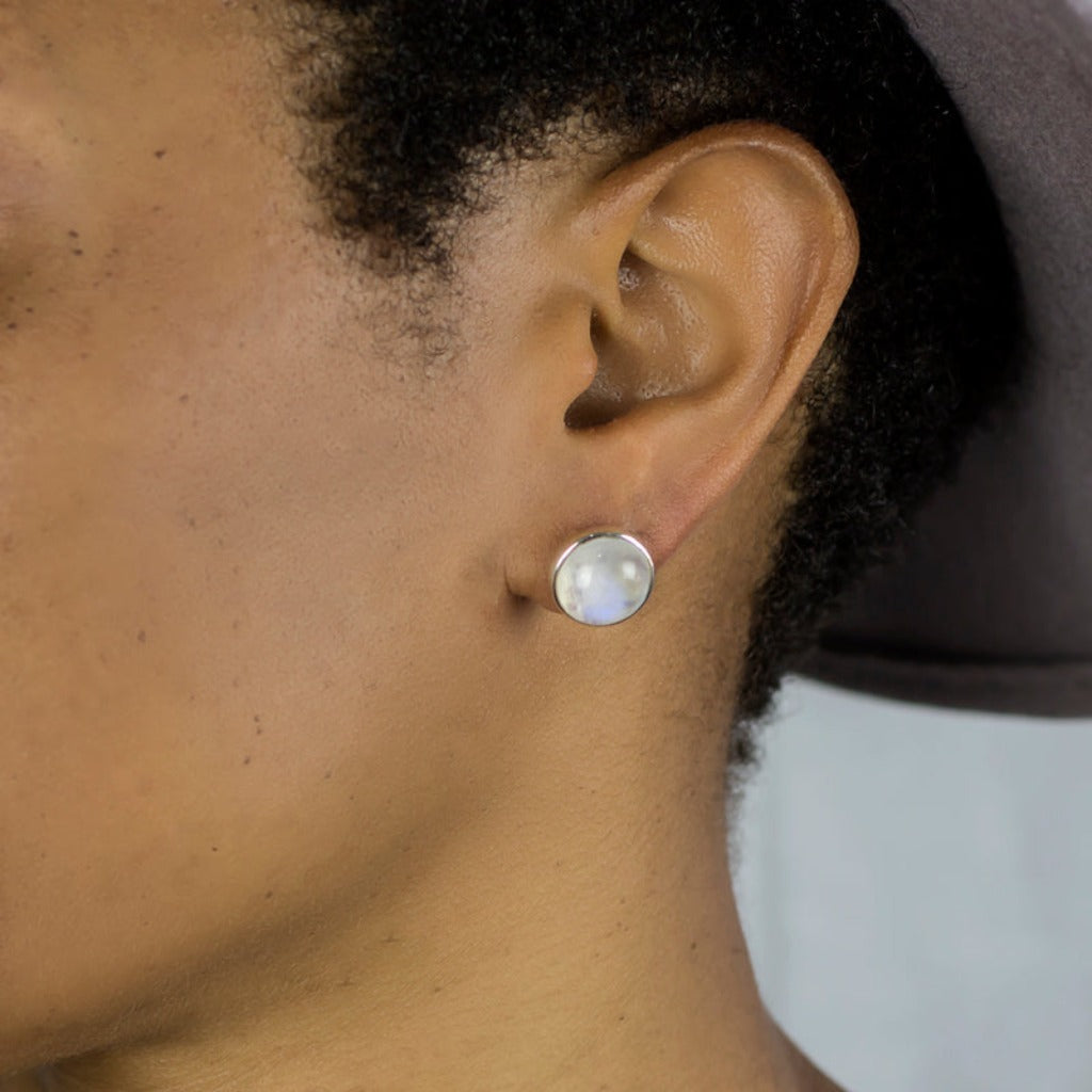 Rainbow Moonstone Stud Earrings on Model