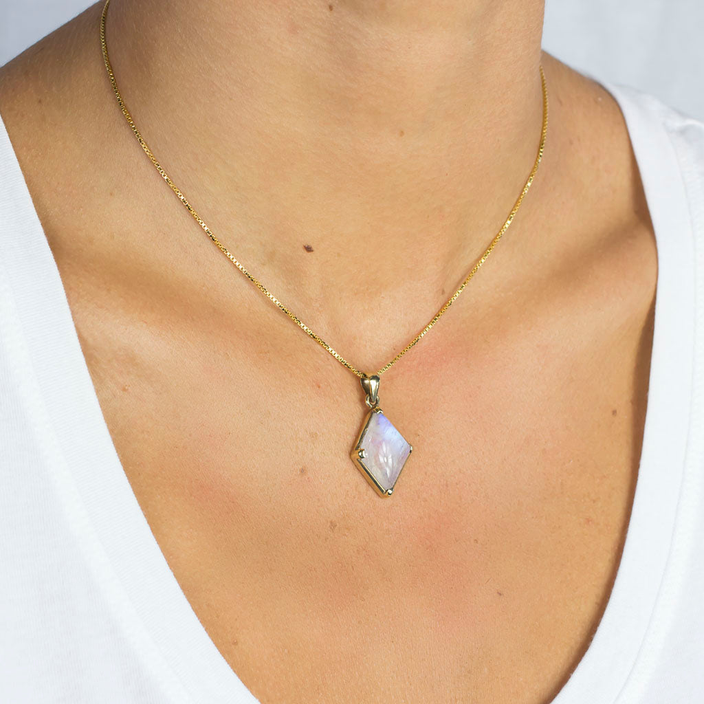 Vermeil Rainbow Moonstone Pendant on Model