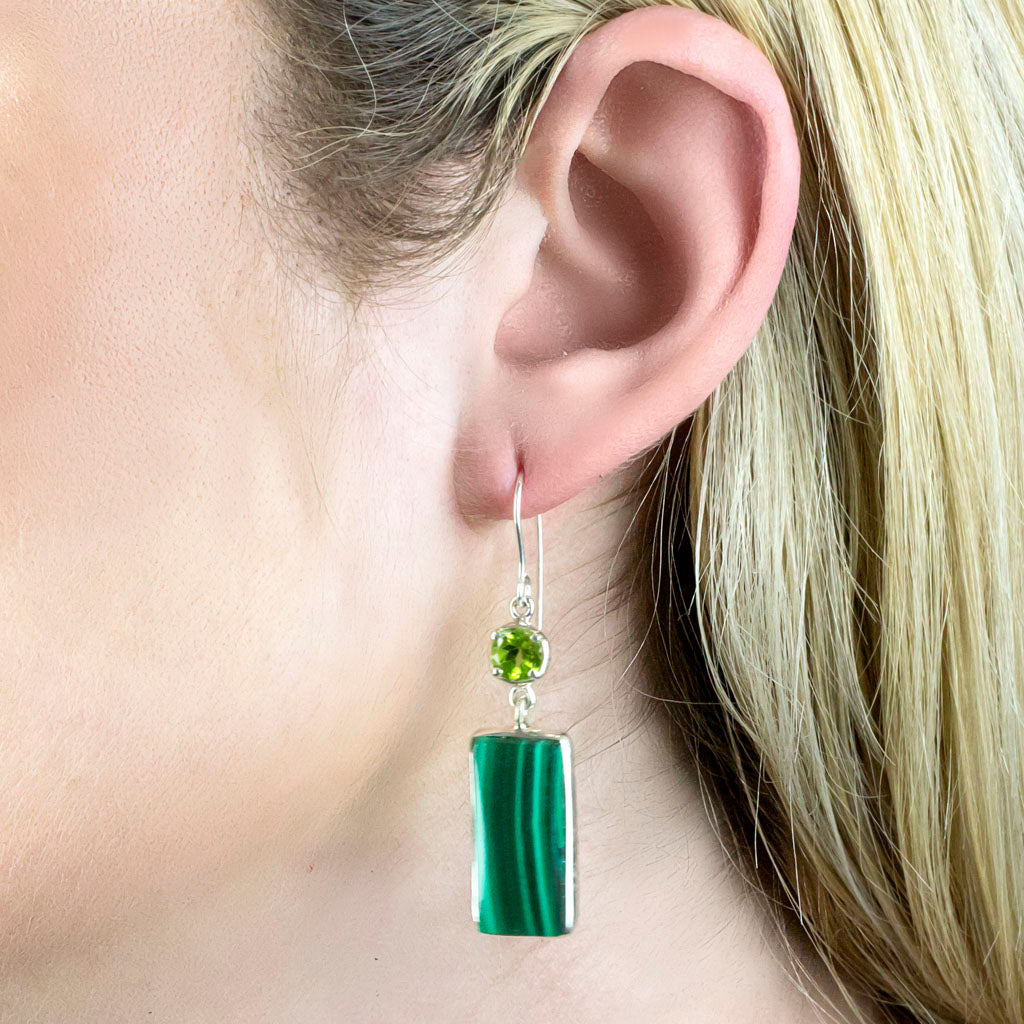 Model wearing Peridot and Malachite Drop Earrings
