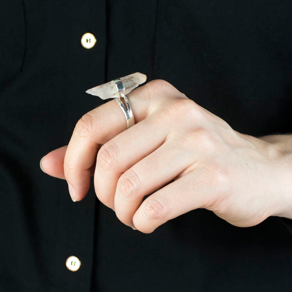 Pink Lemurian Quartz Ring on Model