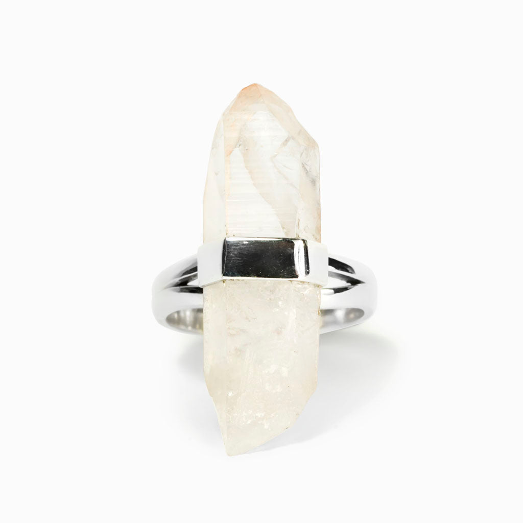 White Clear Lemurian Quartz Ring Made in Earth
