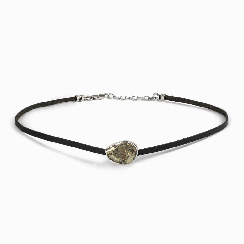 Pyrite Flat Leather Choker Necklace