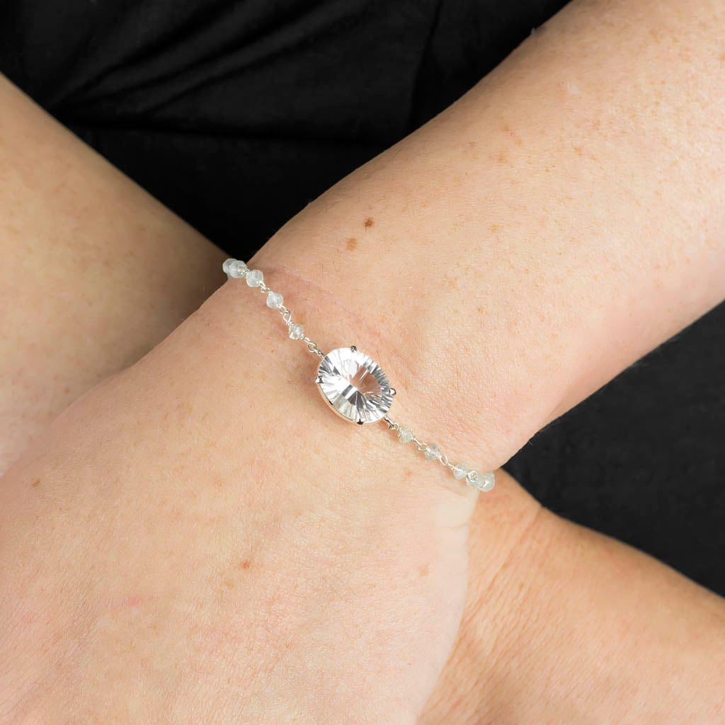 Clear Quartz and Aquamarine Bracelet on Model