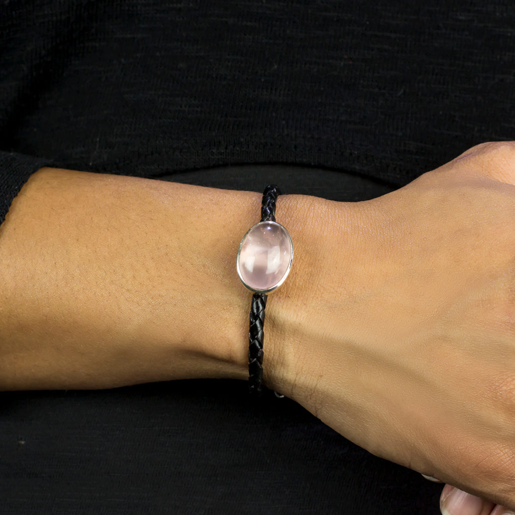 Rose Quartz Braided Leather Bracelet on Model