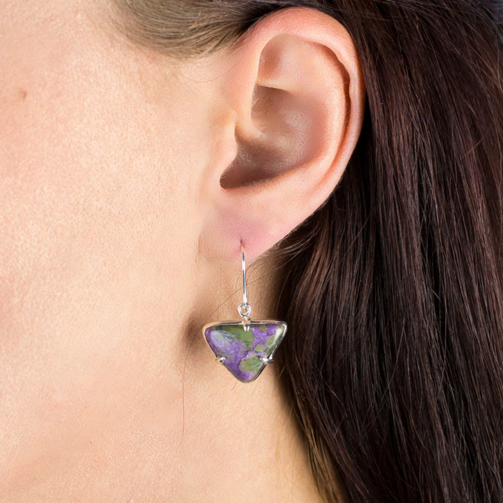 Serpentine Stichite Drop Earrings on model