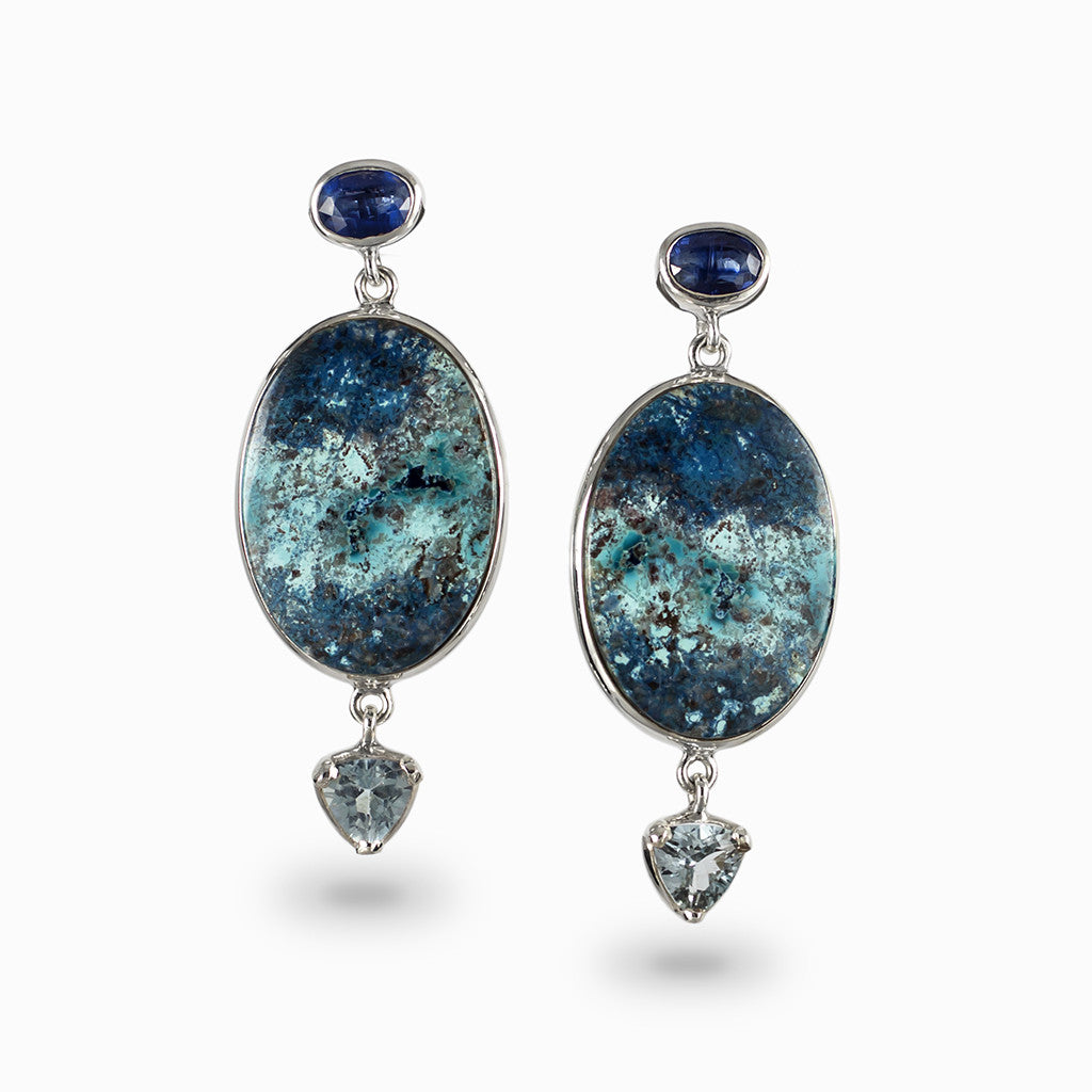 Kyanite, Shattuckite, and Blue Topaz Drop Earrings