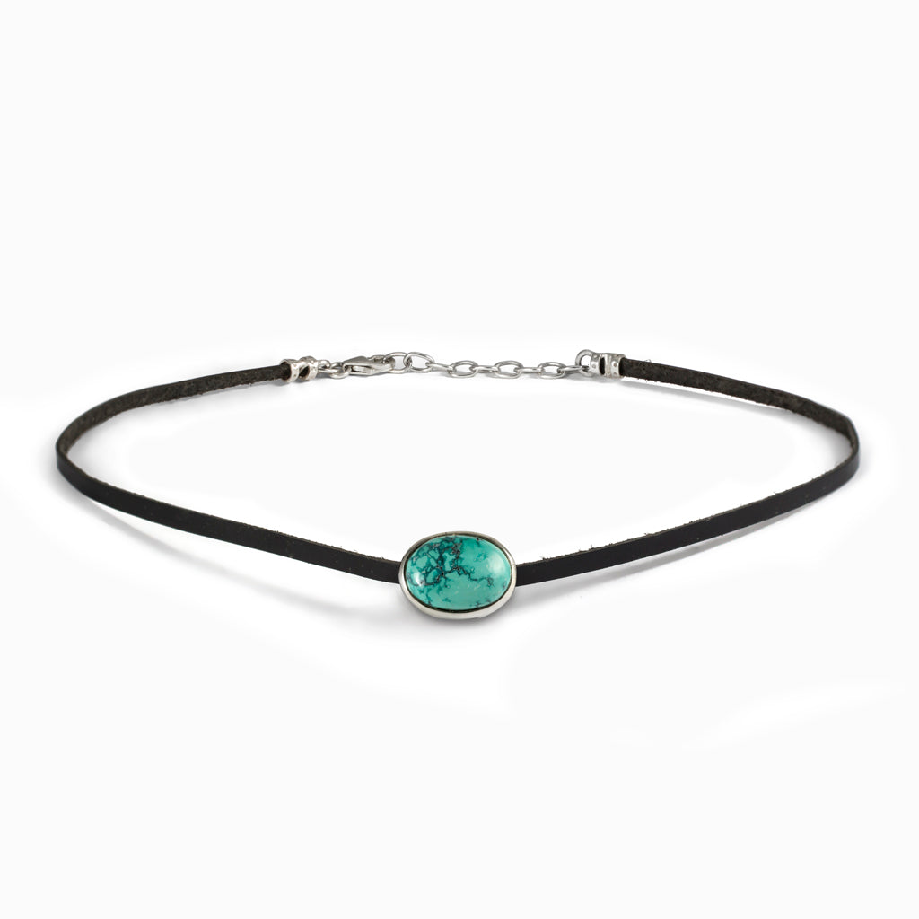 Tibetan Turquoise Flat Leather Choker Necklace
