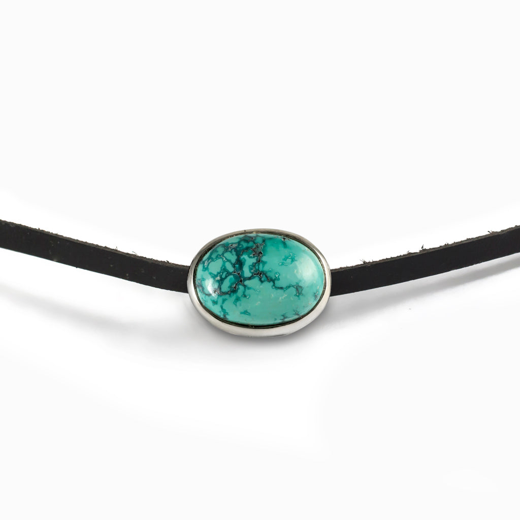 Tibetan Turquoise Flat Leather Choker Necklace