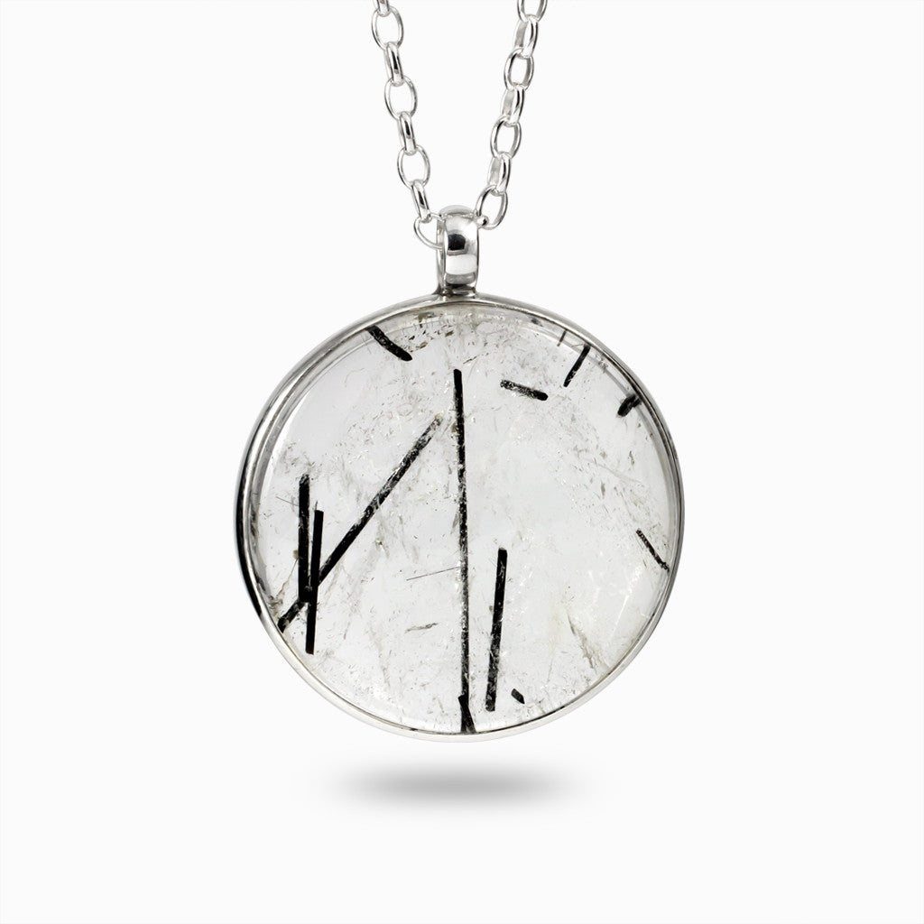 Sterling Silver Round black and clear cabochon Tourmalinated Quartz Necklace