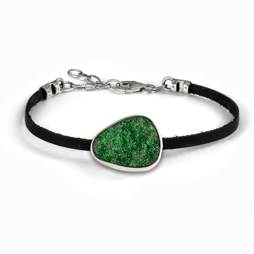 Organic Raw druzy Uvarovite Garnet Flat Leather Bracelet Made In earth