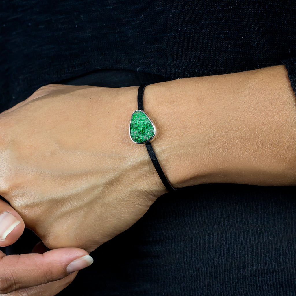 Uvarovite Flat Leather Bracelet on model