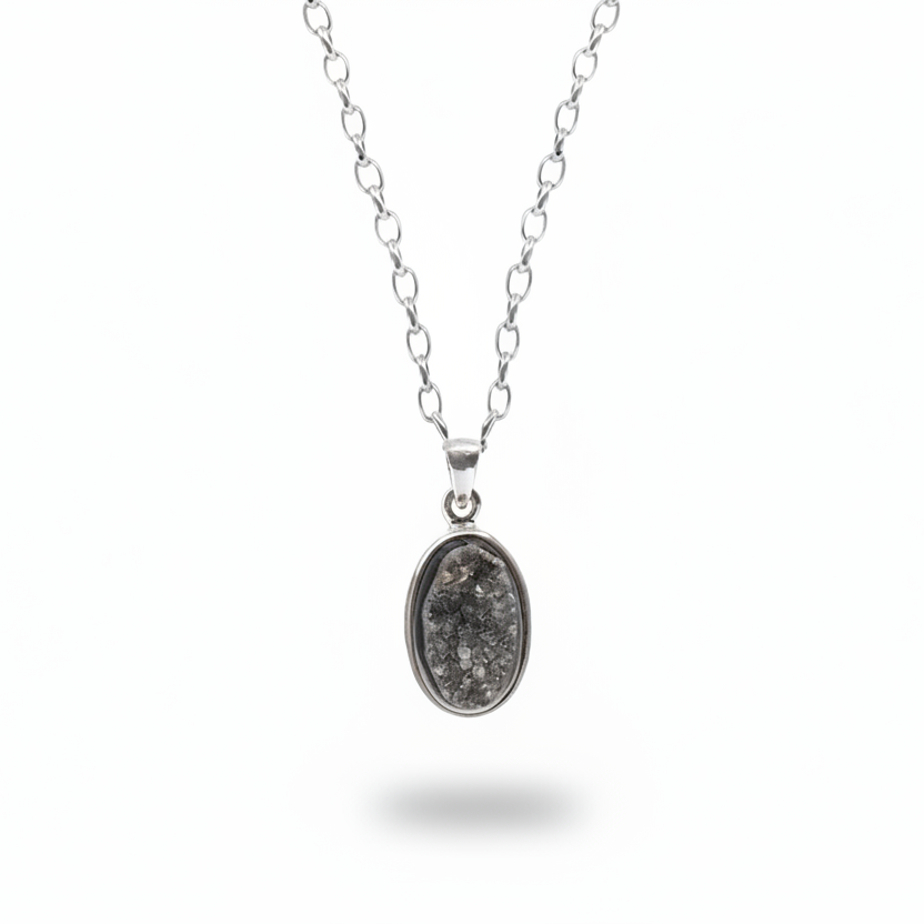 Oval raw onyx druzy pendant with sparkling crystal texture in sterling silver