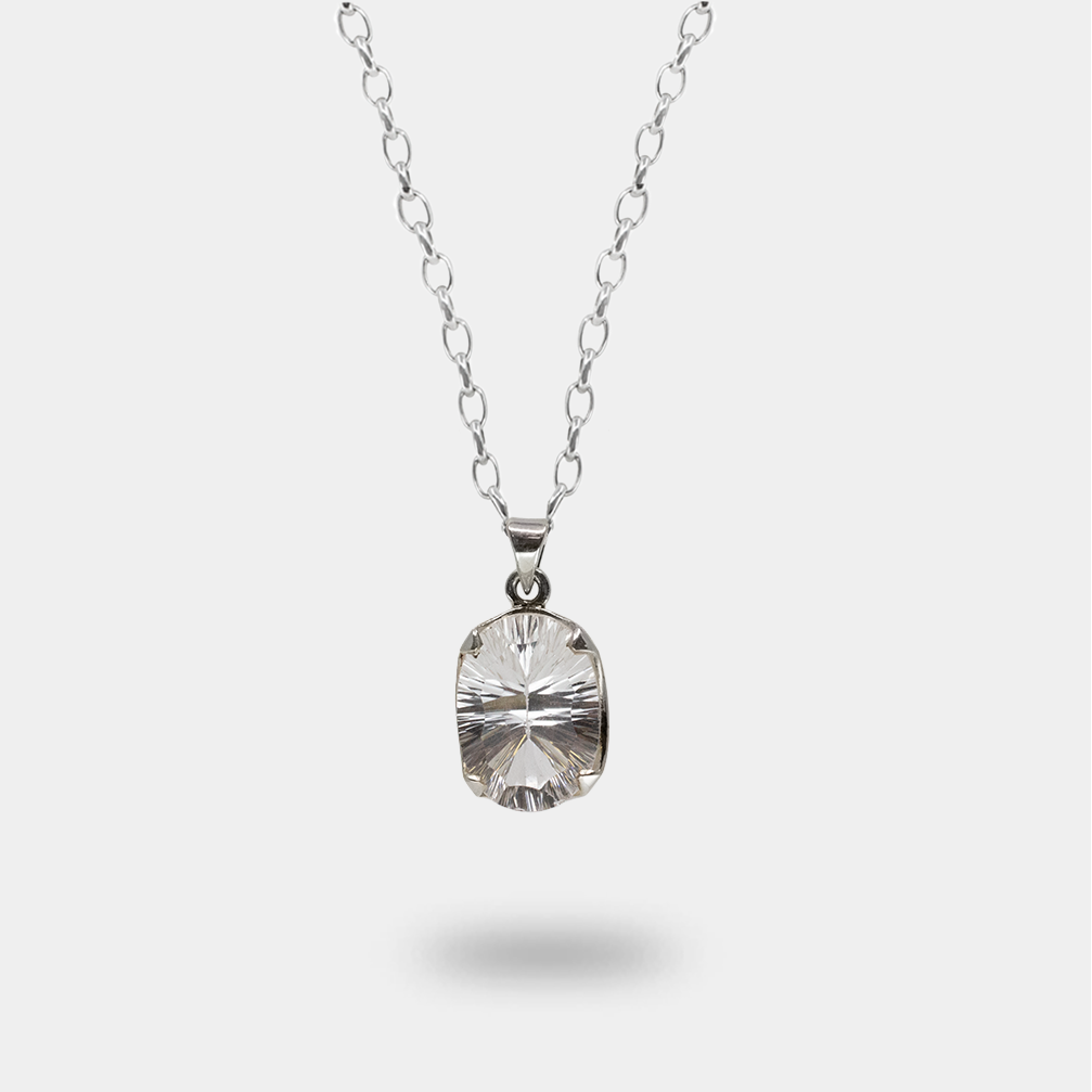 Oval faceted clear quartz pendant in sterling silver with transparent shine