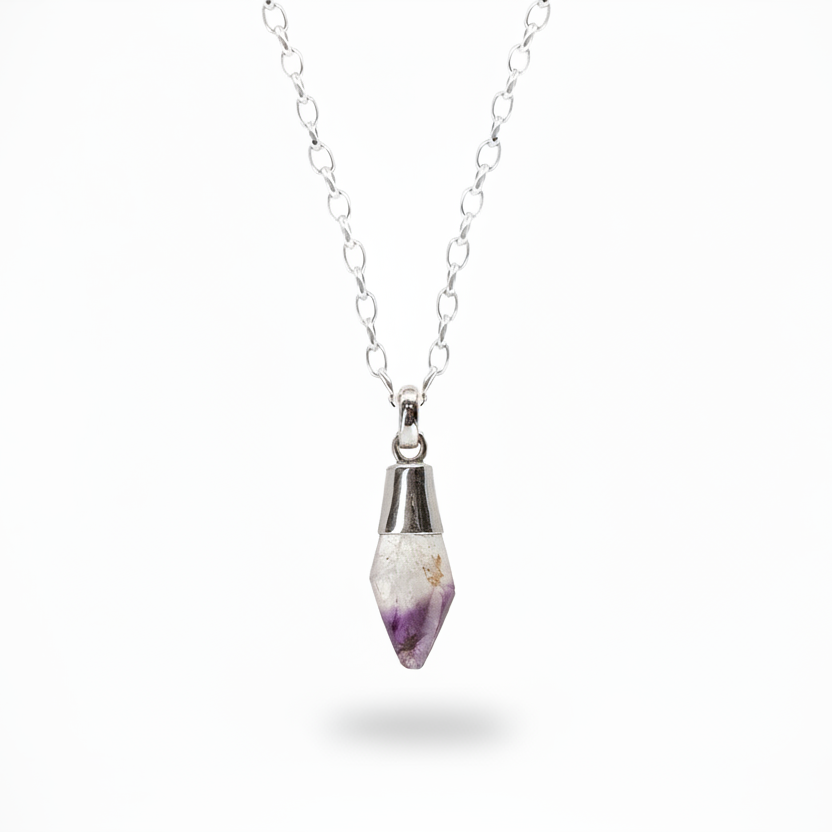 Chevron amethyst pendant with purple and white banding in sterling silver