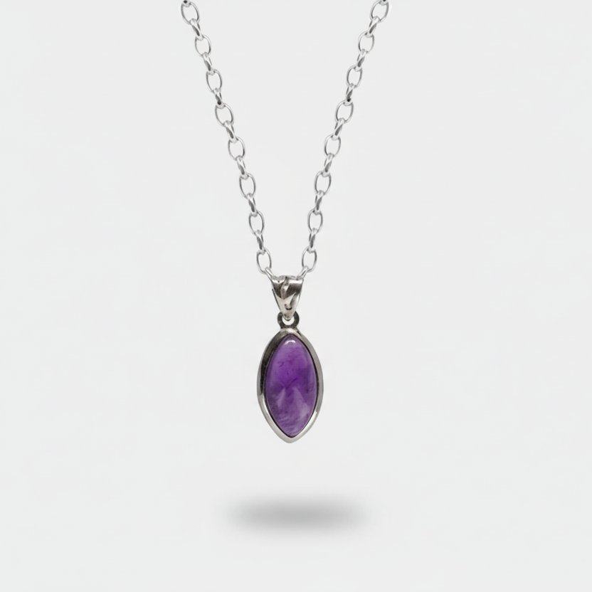 Marquise amethyst cabochon pendant with deep purple tone in sterling silver