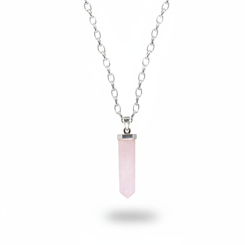 Faceted rose quartz pencil pendant with soft pink tones in sterling silver necklace