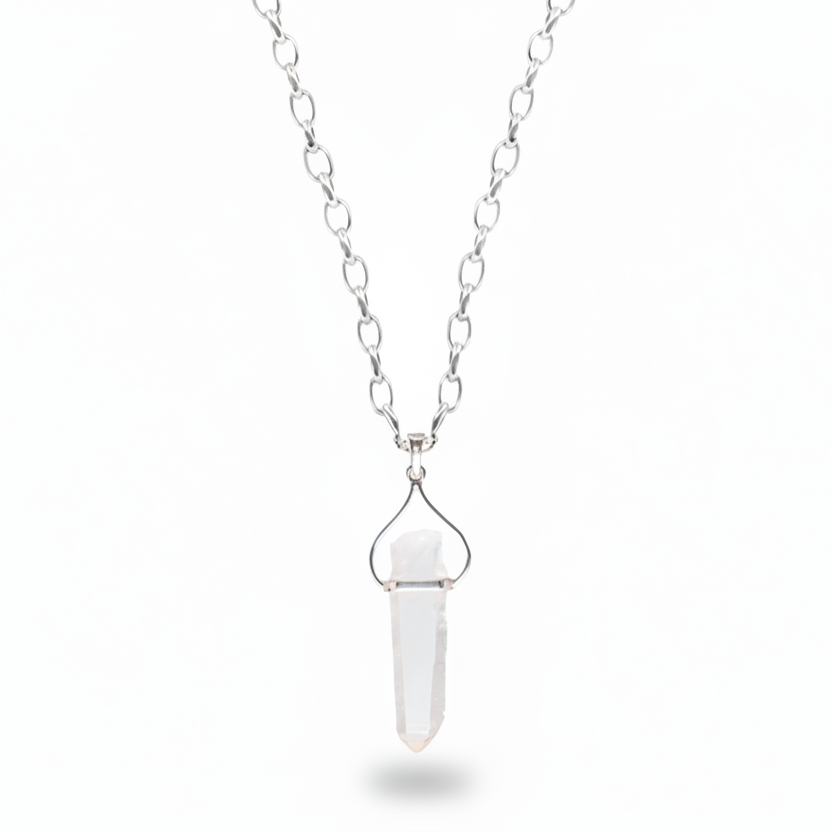 Raw pink lemurian quartz crystal point pendant in sterling silver necklace