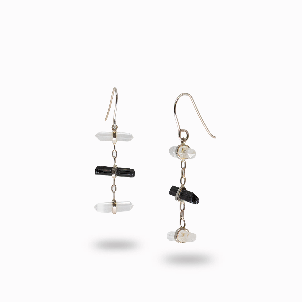 Black tourmaline and clear quartz raw drop earrings in sterling silver with vertical chain design