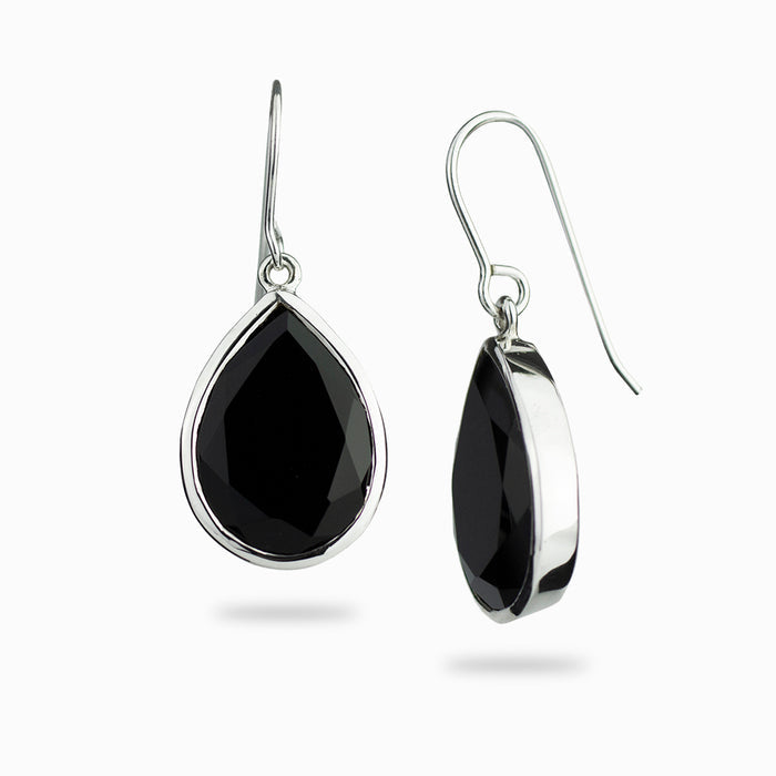 Faceted teardrop Black Onyx gemstones in polished sterling silver bezel-set drop earrings.