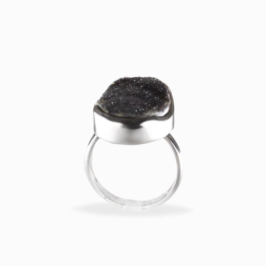 Large oval Black Onyx druzy ring with sparkling crystalline surface in polished 925 sterling silver.