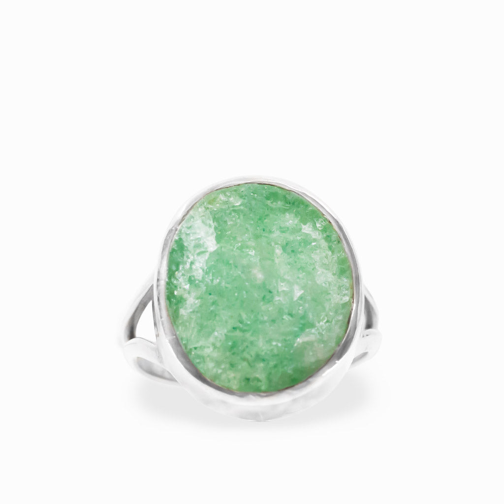 Round mint-green Aventurine ring with natural crystalline texture, polished sterling silver bezel setting, and split band.