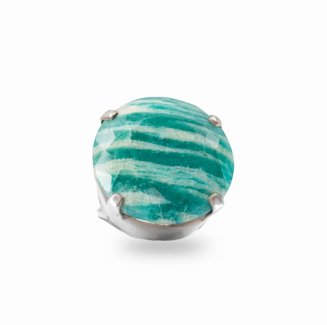 Round faceted turquoise-green Amazonite with natural cream banding in a sterling silver prong setting.