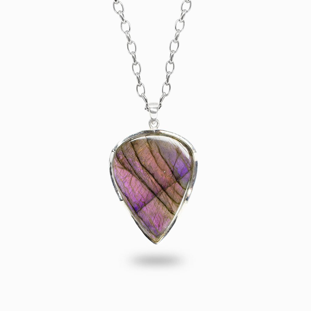 Freeform teardrop Purple Labradorite pendant necklace with violet and pink iridescent flashes and dark natural veining in sterling silver.