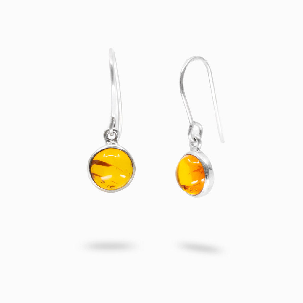Round amber cabochon drop earrings in sterling silver