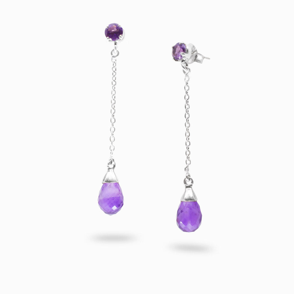 Amethyst double stud drop earrings in sterling silver with faceted purple gemstones