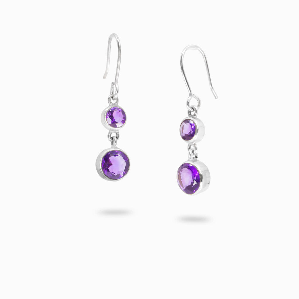 Double round faceted amethyst drop earrings in sterling silver