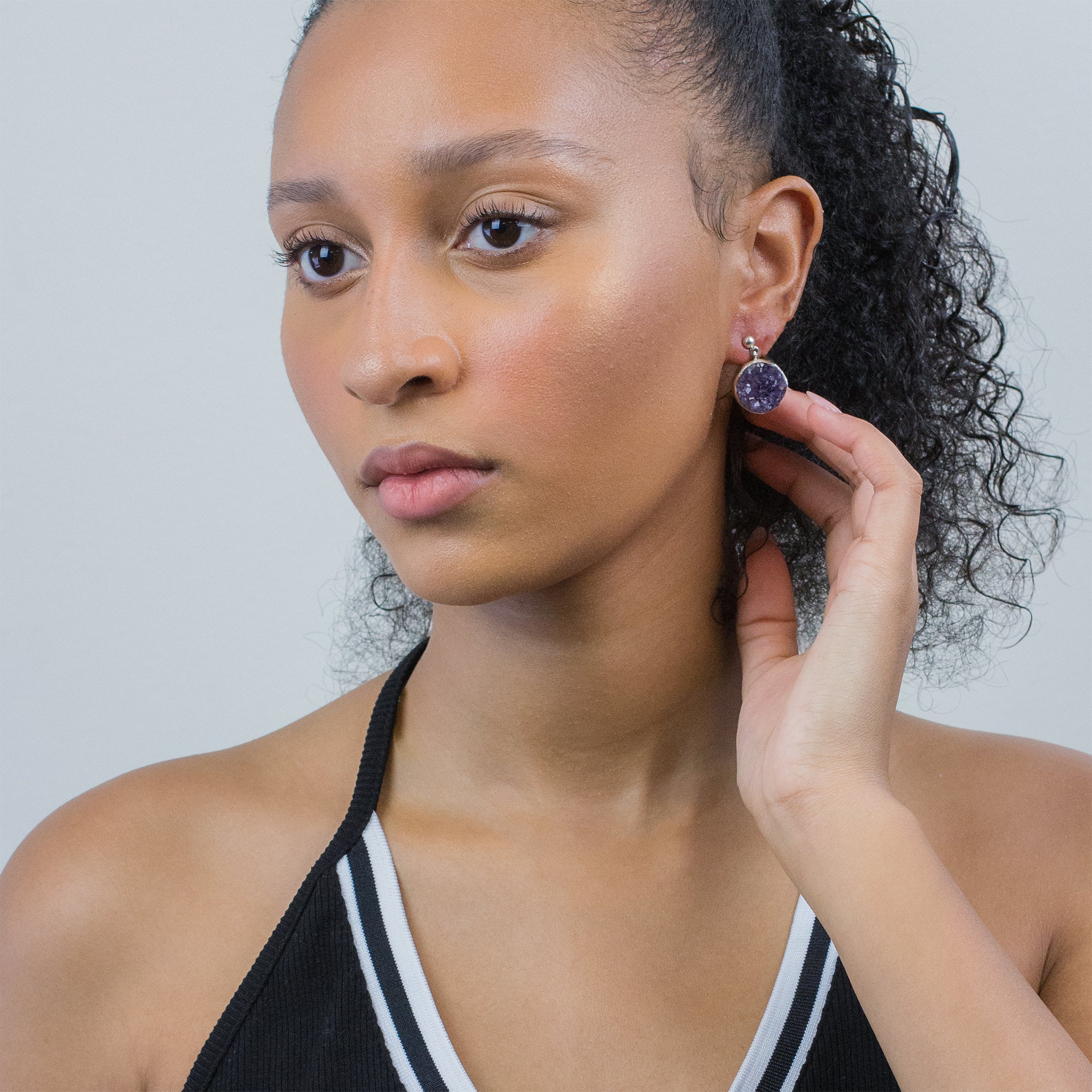 AMETHYST DRUZY RAW STUD DROP EARRINGS ON MODEL