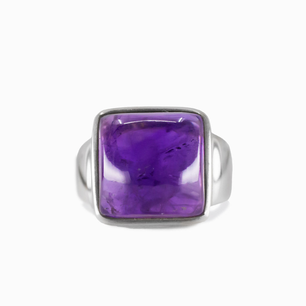 Amethyst rectangular cabochon ring in sterling silver with deep purple tone