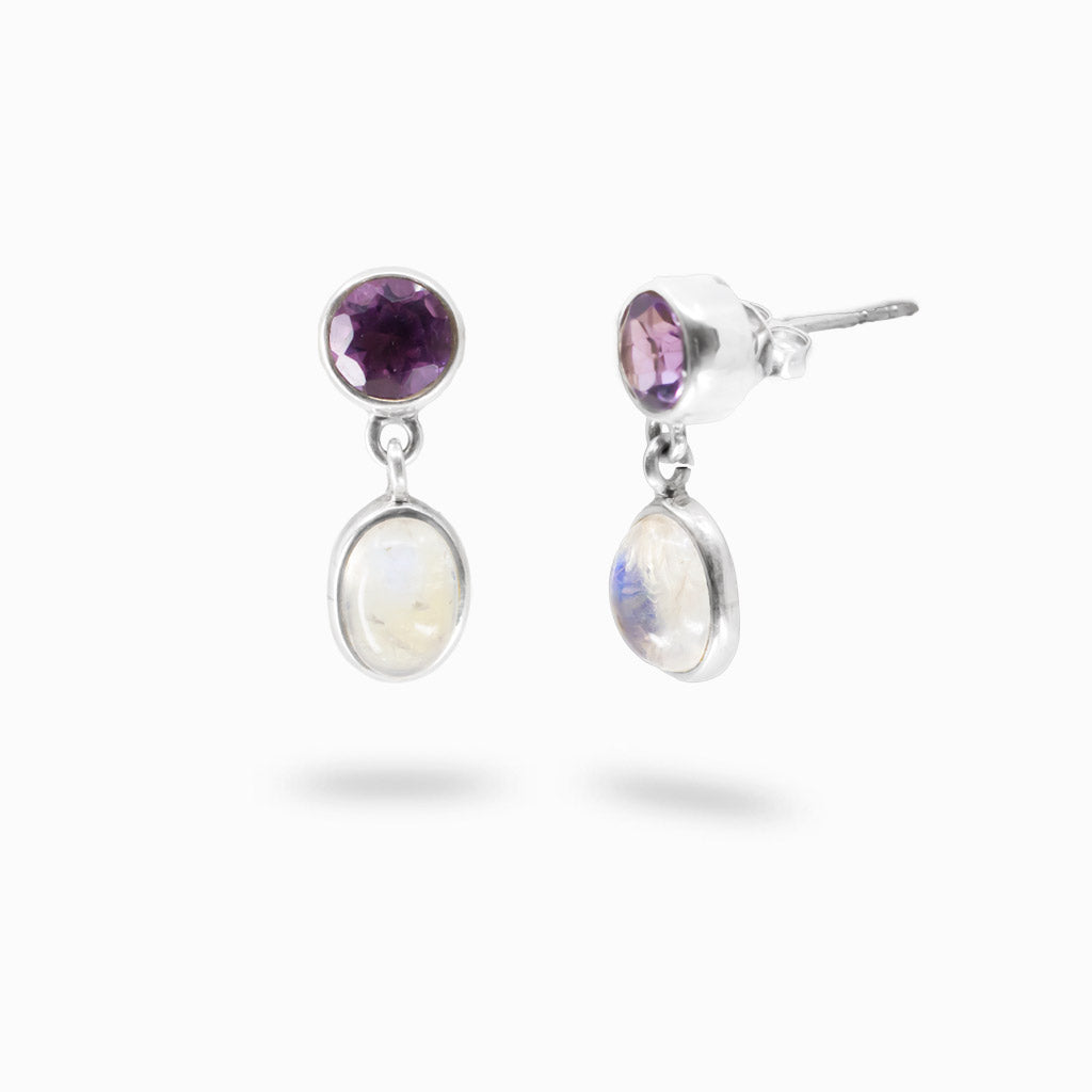 Amethyst and rainbow moonstone drop earrings in sterling silver
