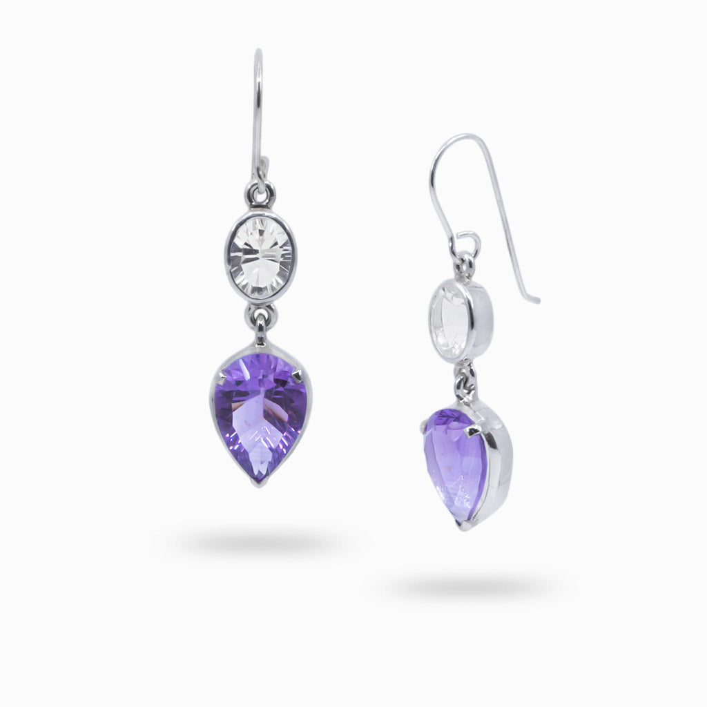 Faceted amethyst and clear quartz drop earrings