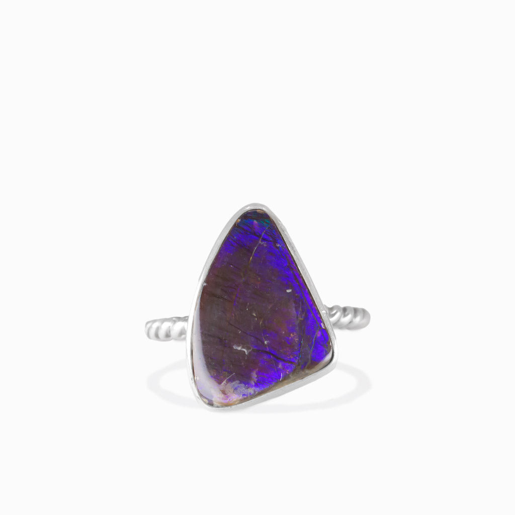 Raw ammolite organic ring in sterling silver