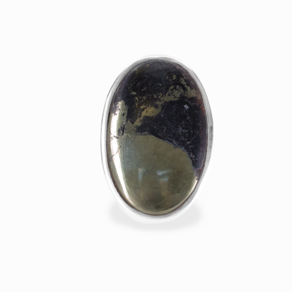 Apache Gold oval cabochon ring in polished sterling silver featuring contrasting black and naturally metallic golden mineral tones.