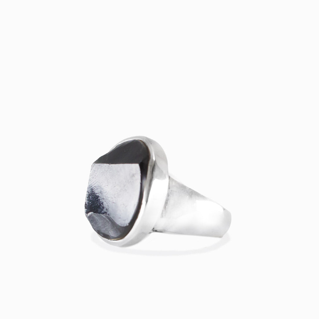 Raw oval apache obsidian ring in sterling silver