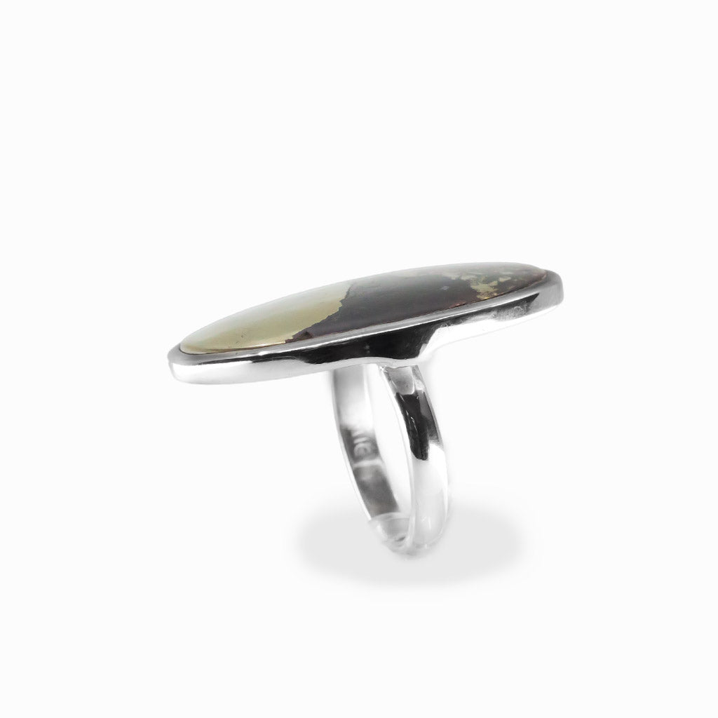 Apache Gold oval cabochon ring in polished sterling silver featuring contrasting black and naturally metallic golden mineral tones.