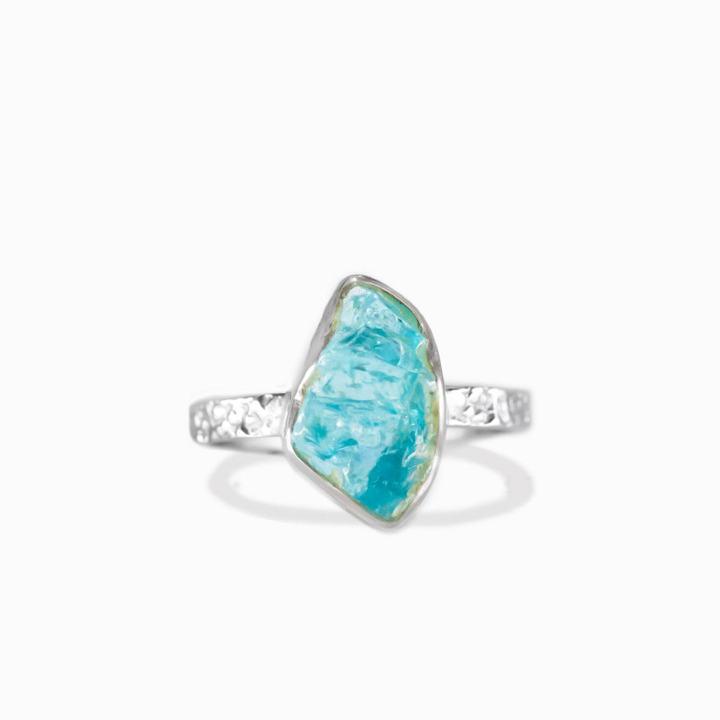 Raw apatite ring in sterling silver. Natural blue green crystal ring with organic texture.