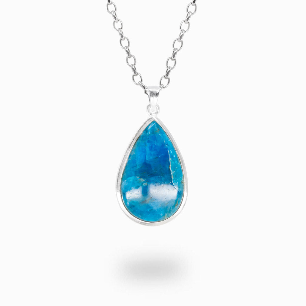 Blue apatite teardrop cabochon necklace in sterling silver