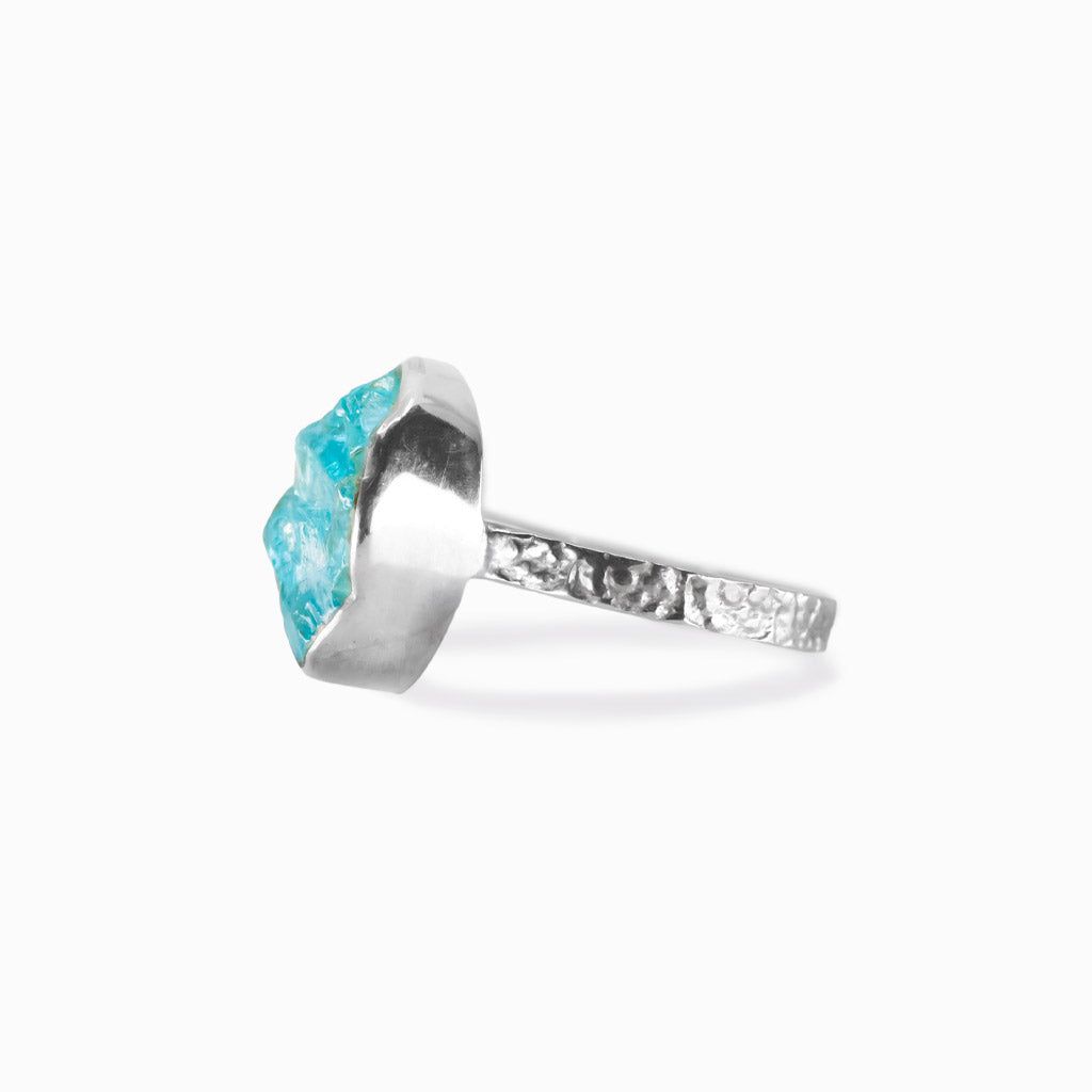 Raw apatite ring in sterling silver. Natural blue green crystal ring with organic texture.