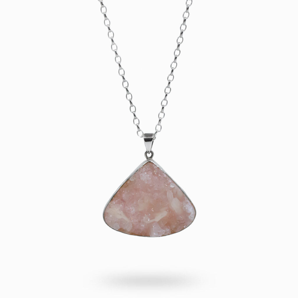 TRIANGLE SHAPED PINK DRUZY STERLING SILVER APOPHYLLITE NECKLACE