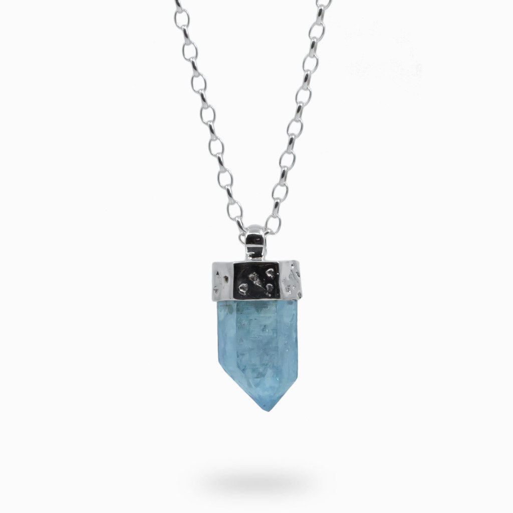FACETED PENCIL SHAPED STERLING SILVER BLUE AQUA AURA NECKLACE