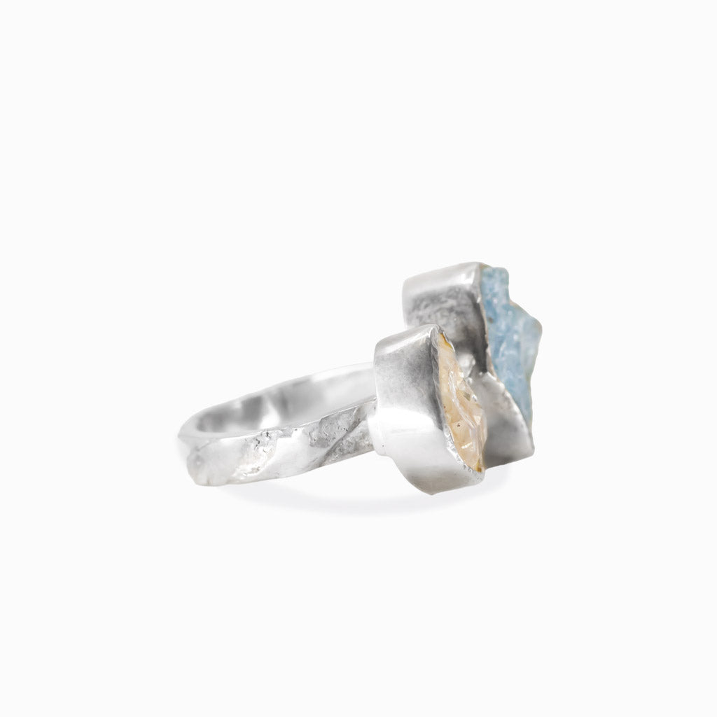 Herkimer diamond and aquamarine ring in sterling silver