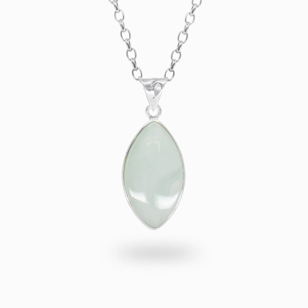 Marquise-shaped pale blue Aquamarine cabochon pendant in a polished 925 sterling silver bezel setting.