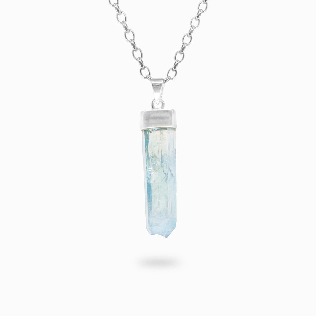 Elongated pale blue Aqua Aura Quartz crystal point pendant with natural crystal formations and polished 925 sterling silver cap.