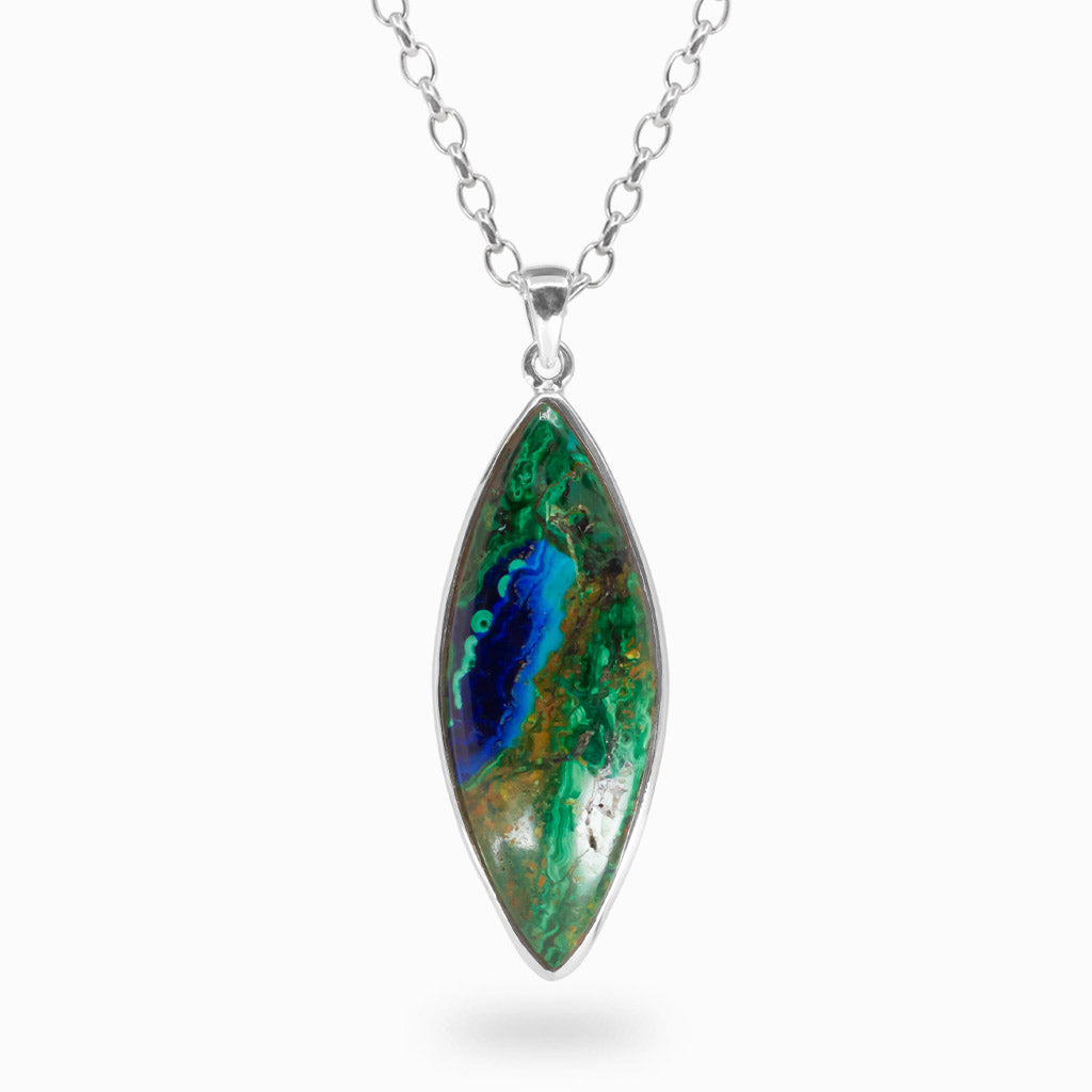 Blue and green Azurite Malachite gemstone pendant with intricate natural mineral patterns in a polished 925 sterling silver bezel setting.