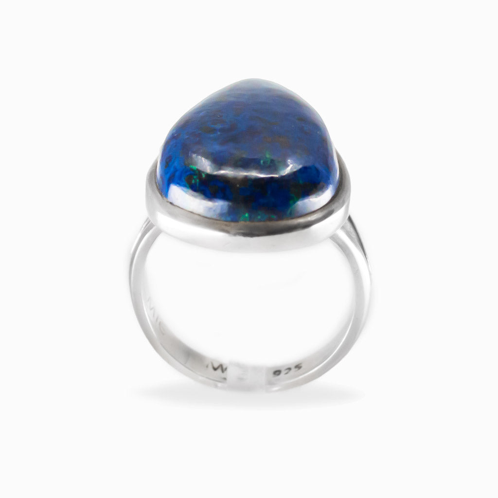 Deep blue teardrop Azurite cabochon ring set in a polished 925 sterling silver bezel.