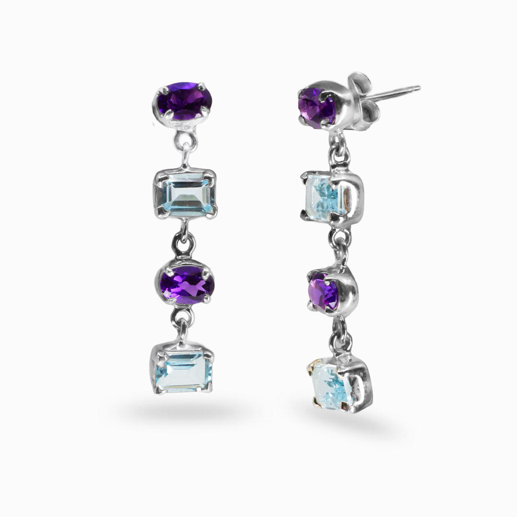 FACETED AMETHYST AND BLUE TOPAZ STUD DROP EARRINGS STERLING SILVER | MADE IN EARTH 
