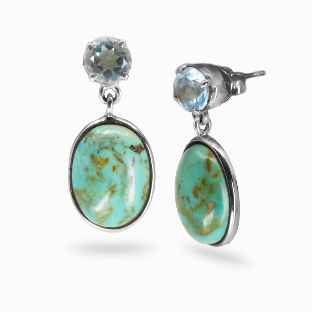 FACETED ROUND BLUE TOPAZ AND CAMPO TURQUOISE OVAL CABOCHON STUD DROP EARRINGS STERLING SILVER | MADE IN EARTH